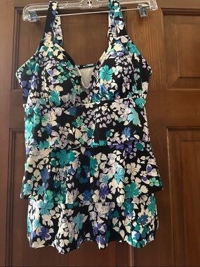 Black Floral Tiered swim top with Teal & Purple Flowers